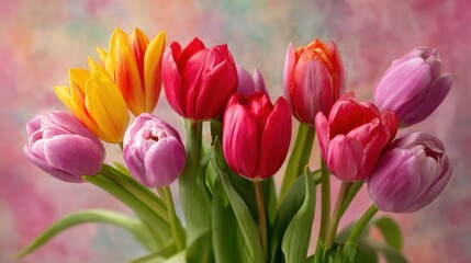 Naklejka premium A beautiful arrangement of tulips in various colors including yellow red and pink resting in a vase against a soft colorful background bringing a cheerful ambiance to the room.
