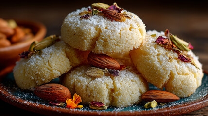 Delicious nankhatai cookies decorated with almonds and rose petals