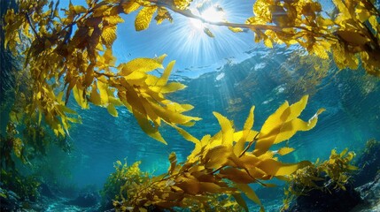 Bright yellow seaweed floats beneath the blue ocean surface illuminated by sunlight. The clear water creates a peaceful and vibrant underwater environment teeming with life.