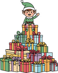 Joyful christmas elf perched atop a tower of colorful gift boxes ready for the holidays