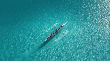 Six rowers paddle their boat across stunning turquoise waters under bright sunshine. The scene captures the beauty of nature and the harmony of teamwork during the sport.