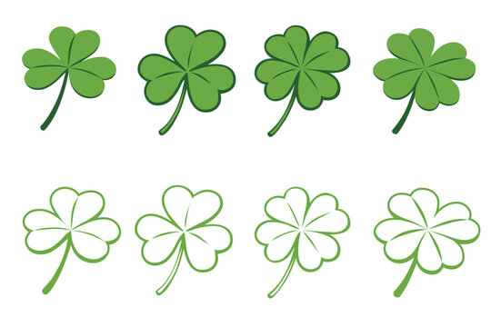 Set of icon Green cloverleaf isolated on a white background. Vector illustration cartoon flat	