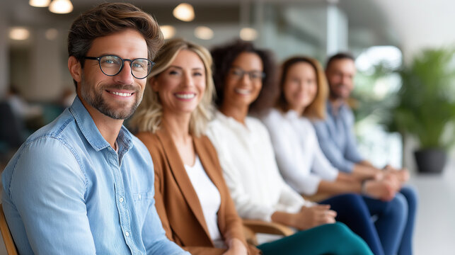 Portrait of businesspeople sitting in chair and waiting for an interview for job application in office, under soft office light highlighting anticipation and professionalism, seren