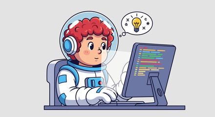 Astronaut Programmer Coding on Computer with Bright Idea Lightbulb.
