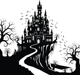 Mysterious silhouette of a spooky castle on a winding path under a bat filled sky