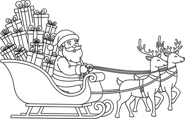Santa claus and his reindeer pulling a sleigh overflowing with christmas presents
