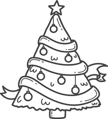 Simple hand drawn outline of a decorated christmas tree with ornaments and a star
