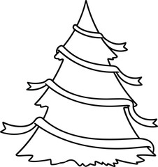 Simple black and white outline drawing of a decorated christmas tree with ribbons