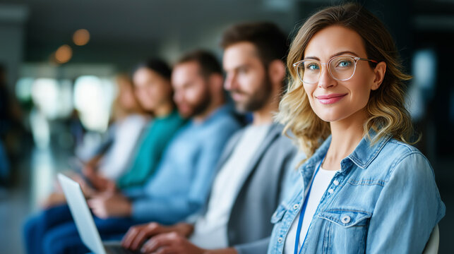 Portrait of businesspeople sitting in chair and waiting for an interview for job application using a laptop and phone, under soft office light highlighting preparation and technolo