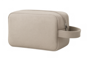 Beige suede toiletry bag featuring a zipper and side handle, ideal for organizing personal care items or cosmetics. Transparent background