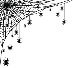 Spooky corner decoration featuring a large cobweb with many hanging spiders for halloween