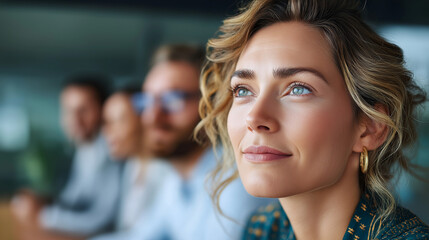 Group of young businesspeople having a meeting or presentation and seminar in the office, portrait of a young businesswoman talking, under soft office light highlighting communicat