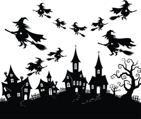 Spooky halloween silhouette of witches flying over a haunted village and creepy tree
