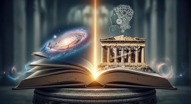 Ancient knowledge unfolds, revealing profound universal truths, bridging classical philosophical wisdom with limitless cosmic understanding.