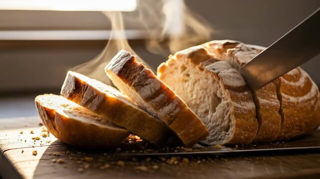A sliced loaf of bread on a wooden board with a knife, steam rising, backlit