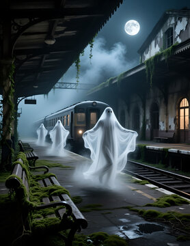 Esta&ccedil;&atilde;o de trem abandonada sob lua cheia com fantasmas flutuando na plataforma, vegeta&ccedil;&atilde;o densa e n&eacute;voa &mdash; cena misteriosa e sobrenatural com arquitetura cl&aacute;ssica e atmosfera assombrada"

