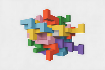 Fototapeta premium Colorful, abstract blocks interlock and overlap, creating a dynamic, three-dimensional geometric composition.