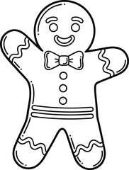 Whimsical black and white outline drawing of a happy gingerbread man cookie