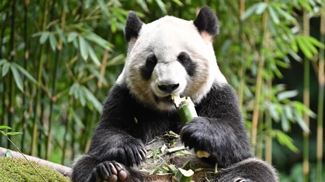Close-up of Giant Panda Eating Bamboo in a Natural Habitat Video
