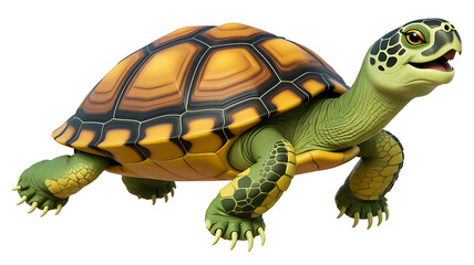 Obraz premium A vibrant green and yellow turtle slowly moves forward, showcasing its patterned shell and sturdy legs.