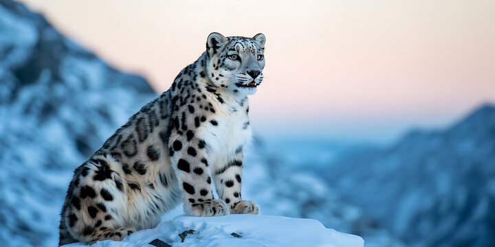 Majestic snow leopard sits calmly amidst snowy peaks, bathed in soft, pastel dawn light.