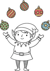 Whimsical christmas elf juggling festive ornaments with joyful expression