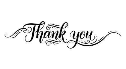 Elegant Thank You Scripted Text with Decorative Flourishes and Swirls.