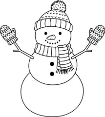 Whimsical line art snowman wearing a striped hat and mittens ready for winter fun
