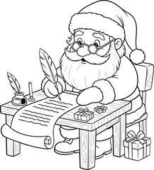 Whimsical illustration of santa claus diligently writing a christmas list with a quill pen and ink