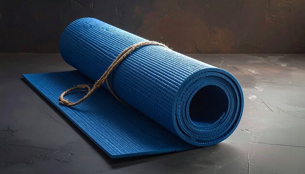 Rolled blue fitness mat with natural twine on dark textured backdrop - Powered by Adobe
