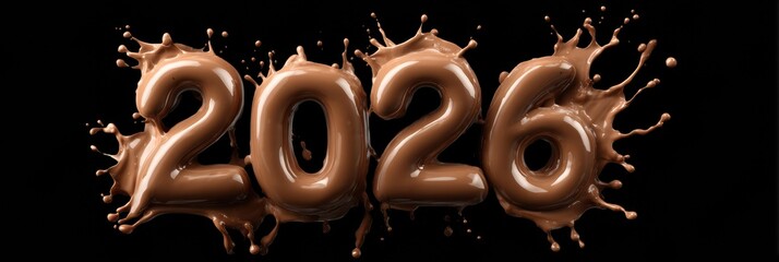 The number 2026 in glossy chocolate splashes stands out against a black background, creating an eye-catching and dynamic visual effect perfect for celebrations.