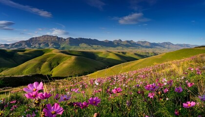 Obraz premium Free State Hills With Cosmos Flowers In Foreground