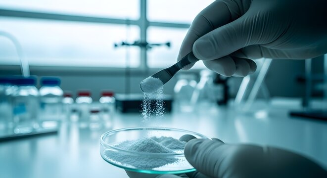 Lab Technician Handling White Powder Sample for Pharmaceutical Analysis & Medical Research