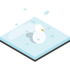 Isometric Winter Scene with a Snowman and Falling Snowflakes on a Transparent Background with Soft Blue Lighting and Subtle Shadows