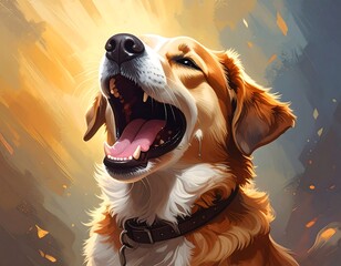 A painting depicts a dog with a wide open mouth, seemingly mid-yawn. Warm light bathes the canine and a soft background