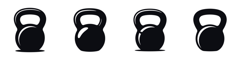 Kettlebell Icon Set – Gym Equipment Silhouette Collection, Vector Illustration of Fitness Weights for Strength Training, Exercise, Workout, CrossFit, Bodybuilding, and Sports Design