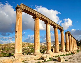 A row of ancient, weathered columns stands under a partly cloudy sky. The classical architecture evokes history and a sense of enduring presence