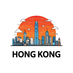 Obraz premium Hong Kong Skyline at Sunset - A Vibrant Cityscape Illustration.
