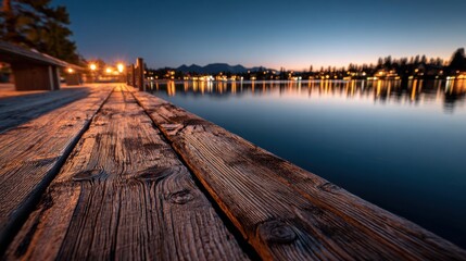 At twilight a weathered wooden pier extends over a serene lake. Soft lights from nearby homes reflect on the water creating a tranquil atmosphere.