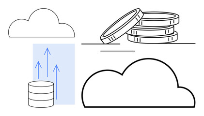 Stack of coins, database with upward arrows, large cloud icon. Ideal for cloud computing, finance, data management, storage, technology innovation digital solutions. Simple flat metaphor