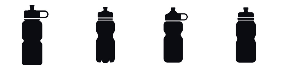 Sports Water Bottle Icon Set – Fitness Hydration Equipment Silhouette Collection, Vector Illustration of Reusable Bottles for Gym, Training, Outdoor Activities, Travel, and Healthy Lifestyle Design
