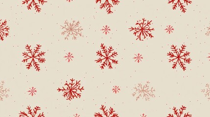Delicate snowflakes in various shades of red are scattered across a soft cream background, creating a cheerful and festive atmosphere suitable for winter decor.