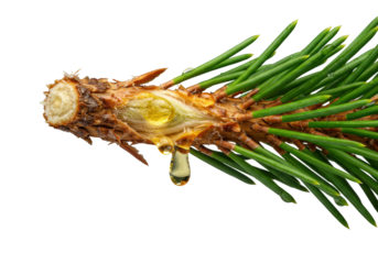 A freshly snapped emerald green pine branch with golden resin oozing from a raw break, isolated on a transparent background, extreme close-up macro photography concept of nature's resilience