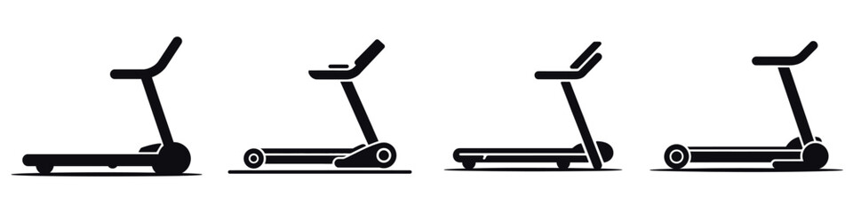 Treadmill Icon Set – Fitness Equipment Silhouette Collection, Vector Illustration of Gym Running Machine for Cardio Training, Exercise, Workout, Health, and Sports Activity Design
