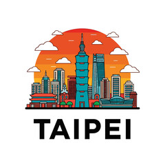 Naklejka premium Taipei City Skyline with Taipei 101 Tower at Sunset.
