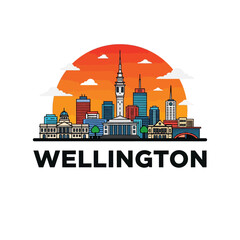 Obraz premium Wellington New Zealand Skyline Illustration with Orange Sunset and Clouds.