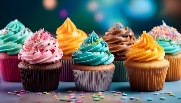 Assorted Cupcakes With Colorful Frosting And Various Sprinkles - Powered by Adobe
