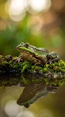A green frog rests on moss near water, its reflection visible