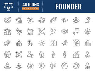 Founder line icon set. Includes entrepreneur,
visionary, innovator, acquisition, retirement, pioneer, risk taker, leader, strategy and more.
Vector Illustration with Editable Strokes