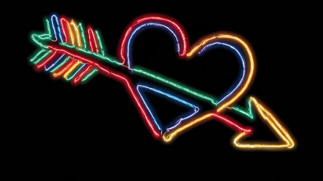 A vibrant neon heart is pierced by a colorful arrow, creating a striking visual in bright hues against a dark backdrop. - Powered by Adobe